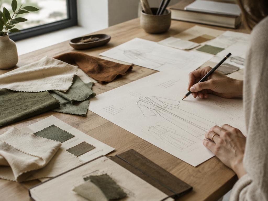 Fashion designer sketching garment patterns with fabric swatches