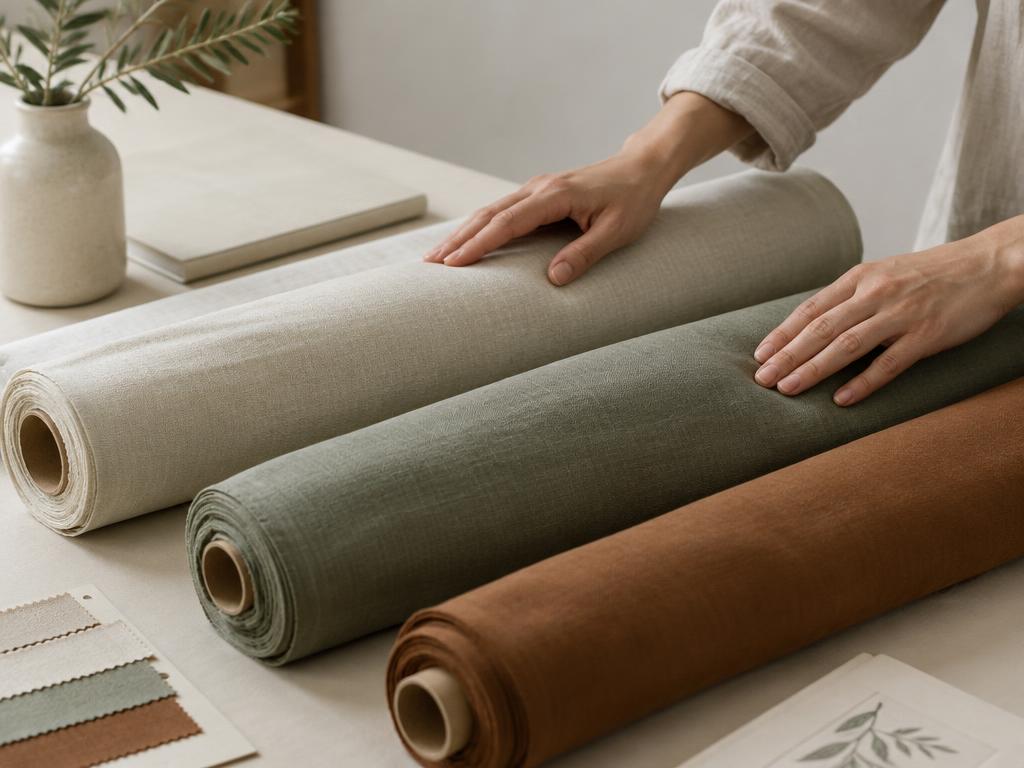 Hands selecting fabric rolls in natural tones