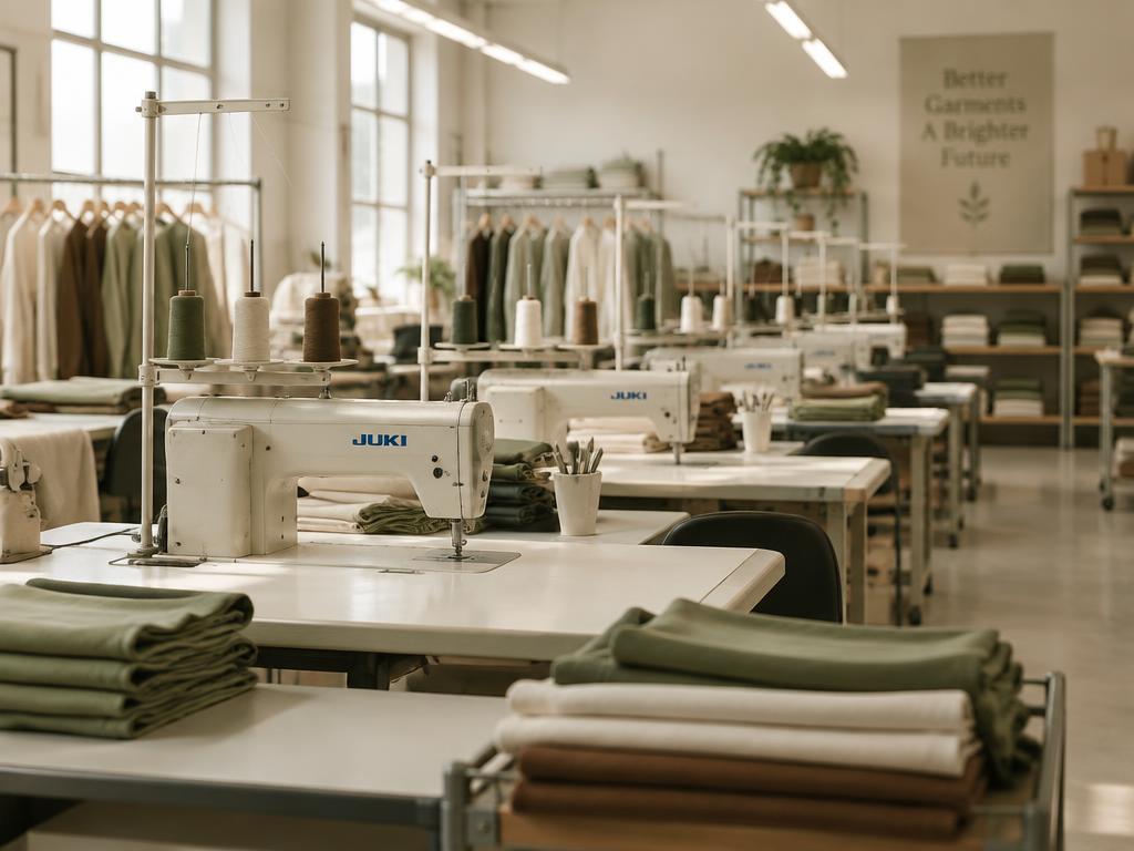 Clean garment factory with sewing machines and fabric rolls