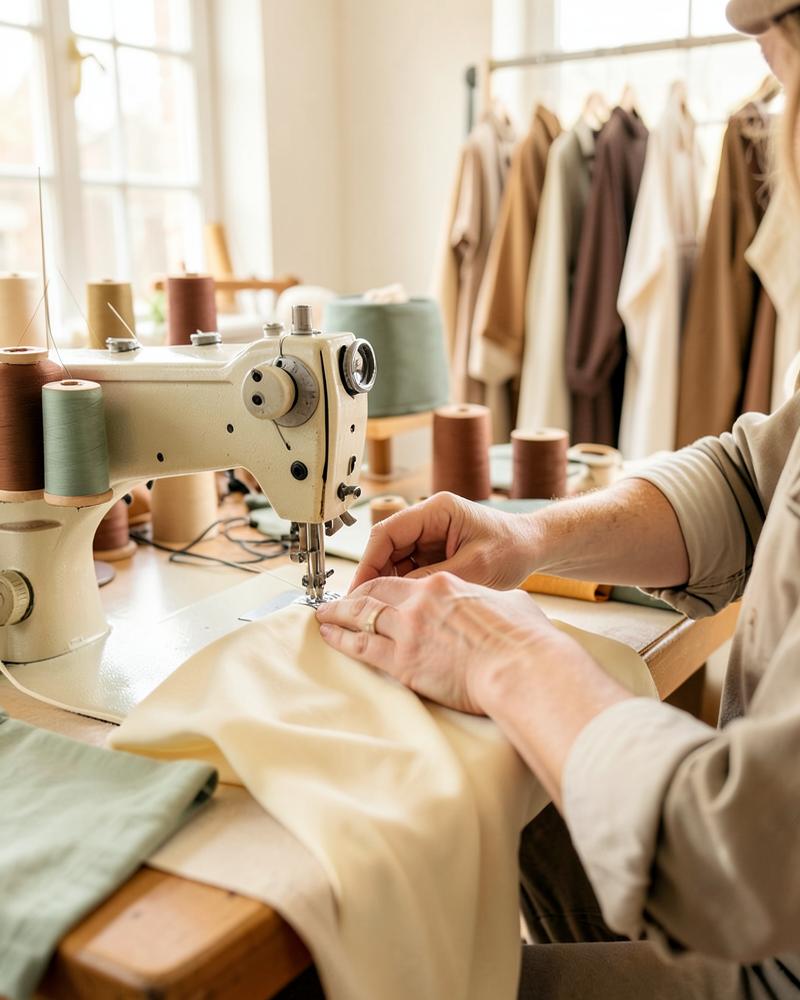 Tailor sewing garment on a sewing machine in an atelier